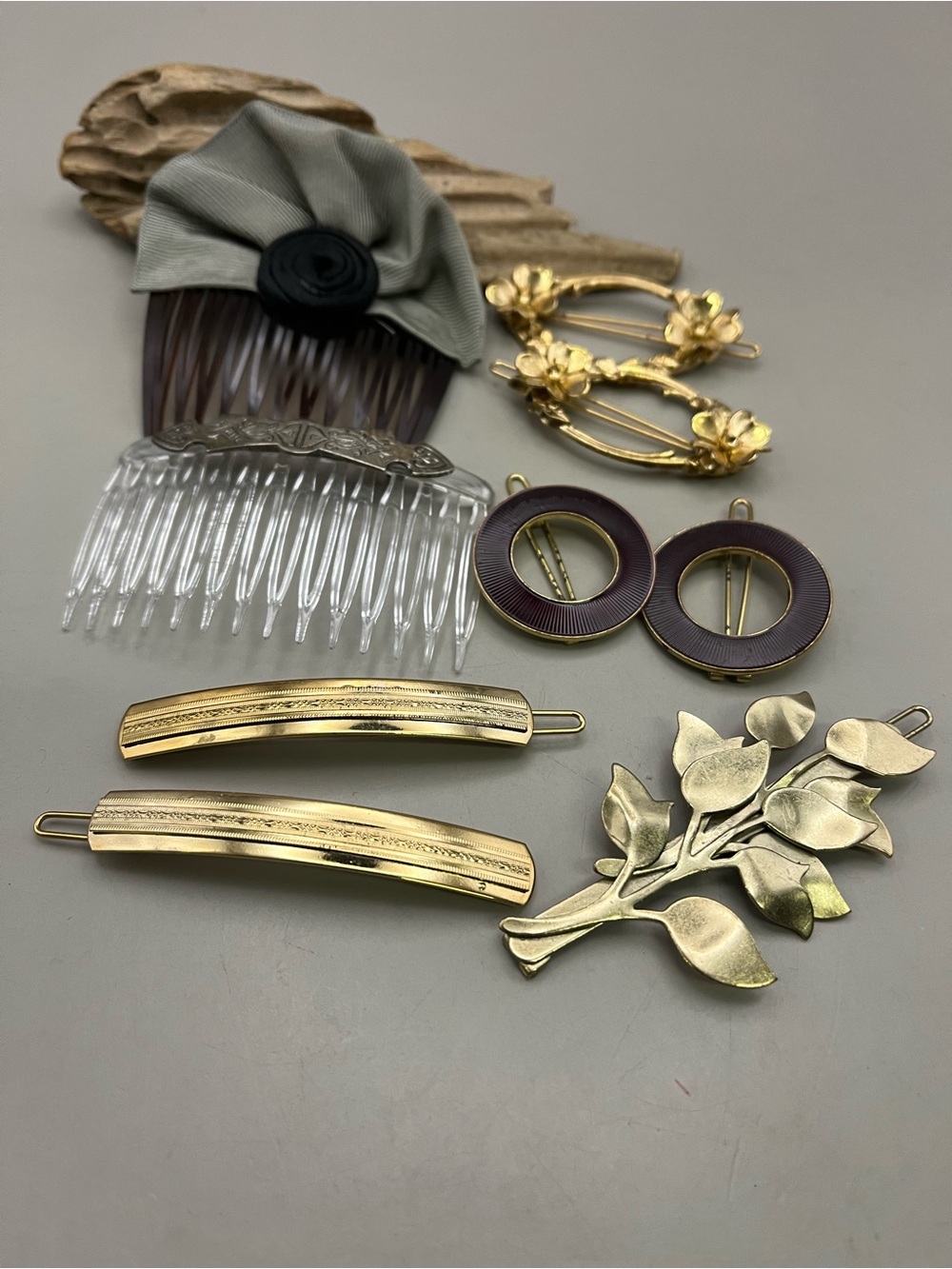Vtg 9 pc Hair Comb Barrette Lot Gold Floral Enamel 60s 70s